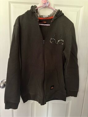 Realtree Mens Dark Grey Full-Zip Hoodie with Camo Logo
